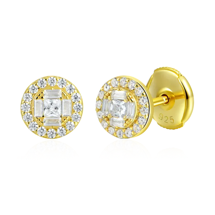 aporro Earrings Baguette Mix Round Cut Halo Stud Earrings Pair