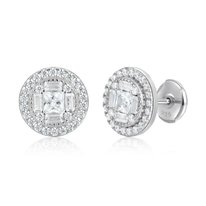 aporro Earrings Baguette Mix Round Cut Halo Stud Earrings Pair