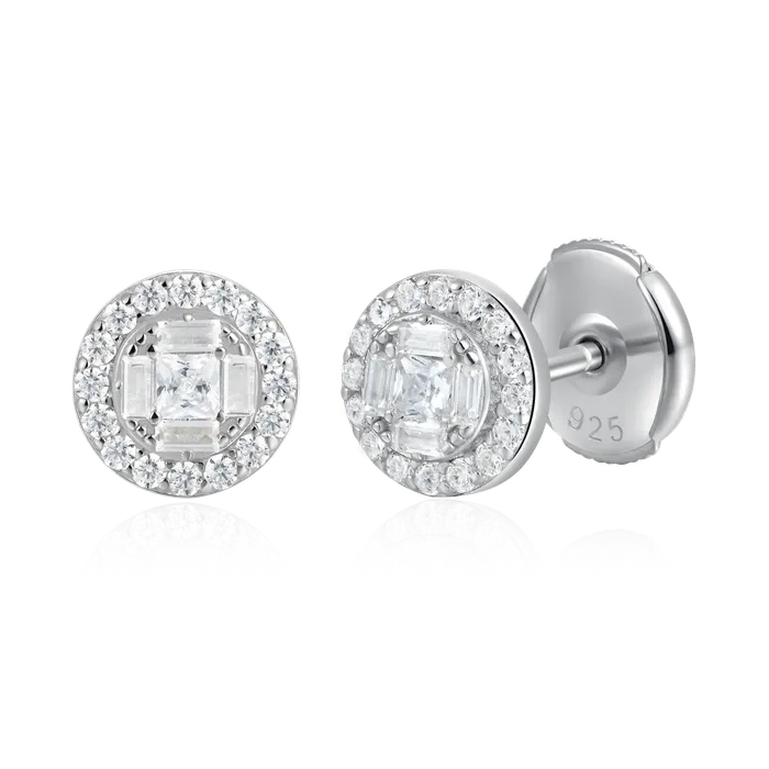 aporro Earrings Baguette Mix Round Cut Halo Stud Earrings Pair
