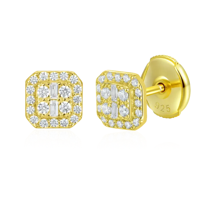 aporro Earrings Octagon Baguette Mix Halo Stud Earrings Pair
