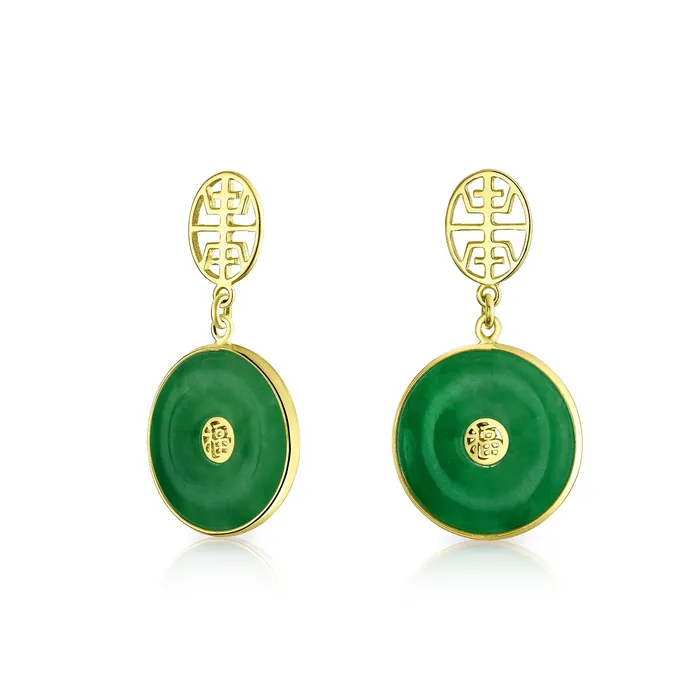 BlingJewelry Wholesale Earrings Asian Style Green Jade Dangle Gemstone Earrings 14K Gold Plated Sterling Silver