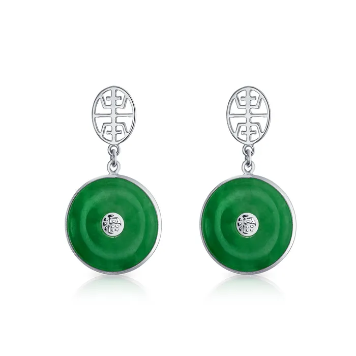 BlingJewelry Wholesale Earrings Asian Style Green Jade Dangle Gemstone Earrings 14K Gold Plated Sterling Silver