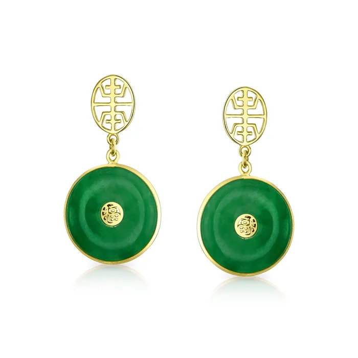 BlingJewelry Wholesale Earrings Asian Style Green Jade Dangle Gemstone Earrings 14K Gold Plated Sterling Silver
