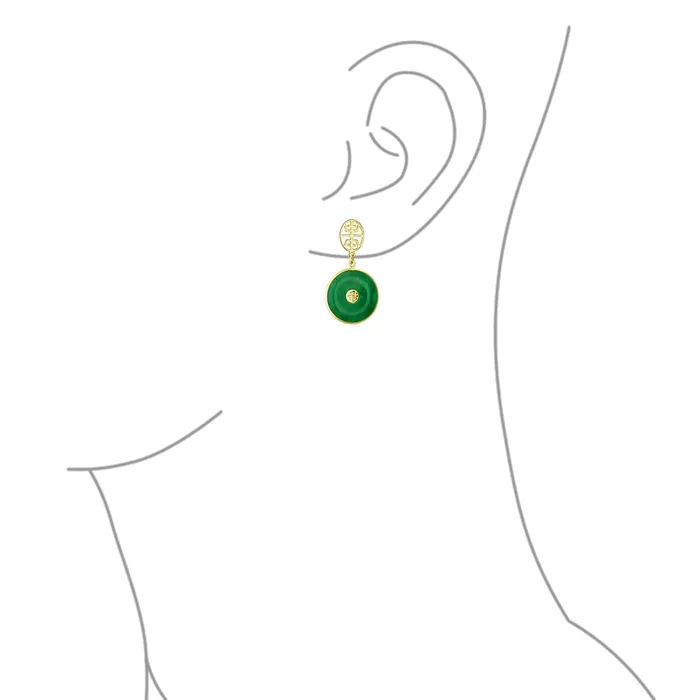 BlingJewelry Wholesale Earrings Asian Style Green Jade Dangle Gemstone Earrings 14K Gold Plated Sterling Silver