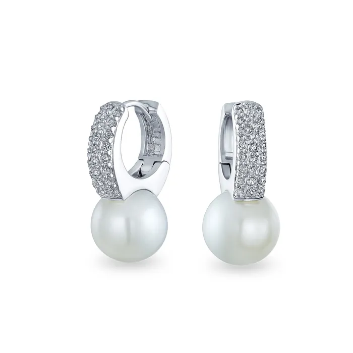 BlingJewelry Wholesale Earrings Bridal CZ White Imitation Pearl Hoop Drop Ball Earrings Silver Plated BlingJewelry Wholesale Earrings Bridal CZ White Imitation Pearl Hoop Drop Ball Earrings Silver Plated