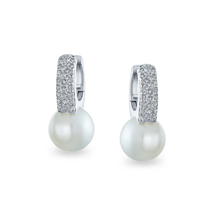 BlingJewelry Wholesale Earrings Bridal CZ White Imitation Pearl Hoop Drop Ball Earrings Silver Plated BlingJewelry Wholesale Earrings Bridal CZ White Imitation Pearl Hoop Drop Ball Earrings Silver Plated