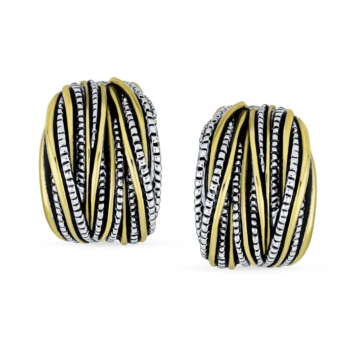BlingJewelry Wholesale Earrings Half Hoop Shrimp Style ClipOn Earrings Two Tone Caviar Bead Silver Gold Plated BlingJewelry Wholesale Earrings Half Hoop Shrimp Style ClipOn Earrings Two Tone Caviar Bead Silver Gold Plated