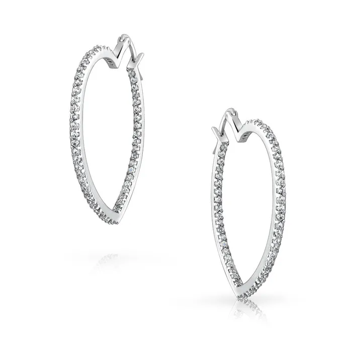 BlingJewelry Wholesale Earrings Heart Shaped Inside Out CZ Hoop Earrings Silver Tone Brass 15 Inch Diameter