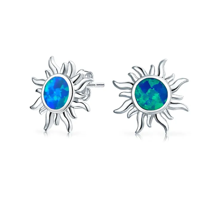 BlingJewelry Wholesale Earrings Iridescent Gemstone Sunburst Stud Earrings Blue Opal 14K Gold October Birthstone BlingJewelry Wholesale Earrings Iridescent Gemstone Sunburst Stud Earrings Blue Opal 14K Gold October Birthstone