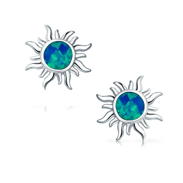BlingJewelry Wholesale Earrings Iridescent Gemstone Sunburst Stud Earrings Blue Opal 14K Gold October Birthstone BlingJewelry Wholesale Earrings Iridescent Gemstone Sunburst Stud Earrings Blue Opal 14K Gold October Birthstone