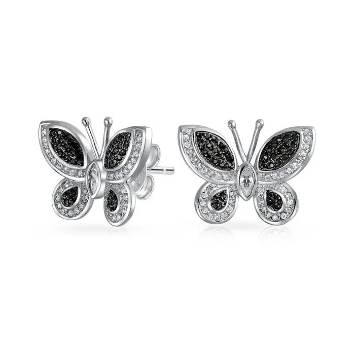 BlingJewelry Wholesale Earrings Pave CZ Garden Butterfly Huggie Hoop Stud Earrings 925 Sterling Silver