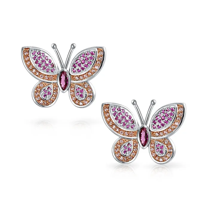BlingJewelry Wholesale Earrings Pave CZ Garden Butterfly Huggie Hoop Stud Earrings 925 Sterling Silver