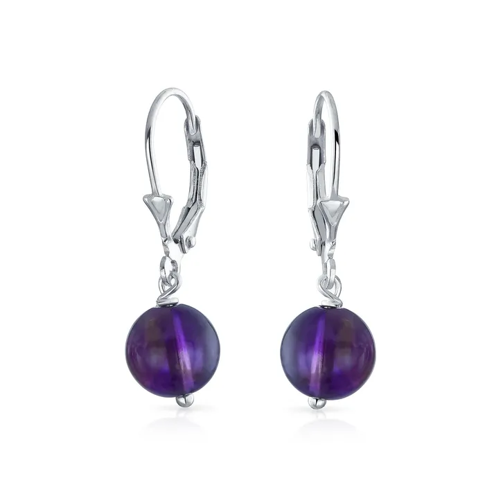 BlingJewelry Wholesale Earrings Simple Gemstone 8MM Drop Ball Earrings with Secure Hinge Lever Back in Sterling Silver