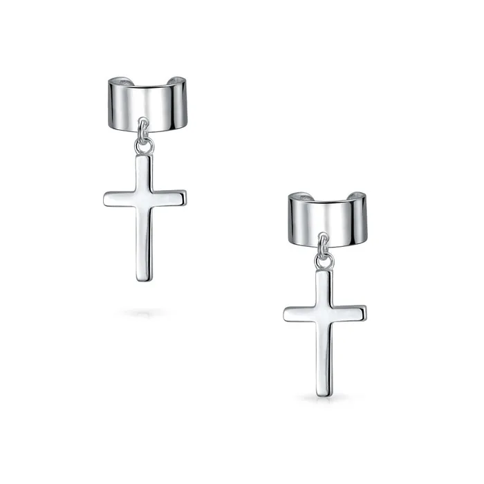 BlingJewelry Wholesale Earrings Unisex Sterling Silver Ear Cuff Cartilage Cross Earrings for Men