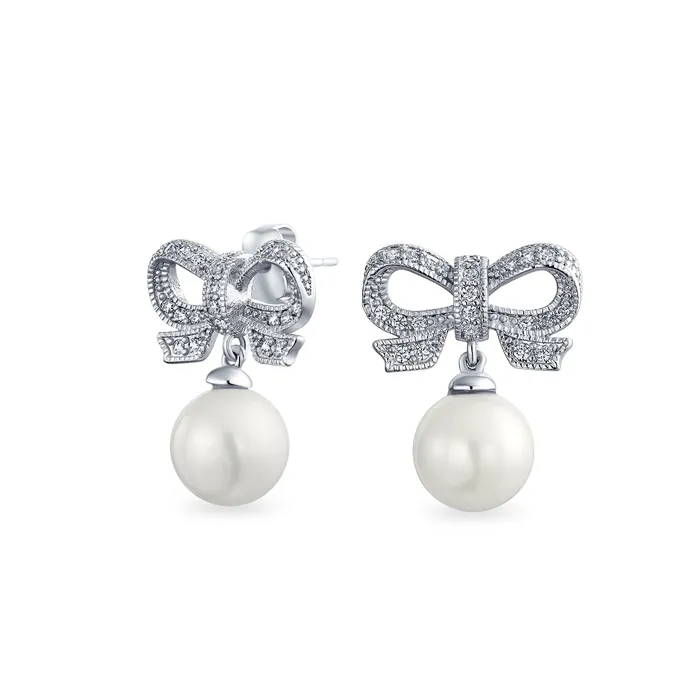 BlingJewelry Wholesale Earrings Victorian Dangle Chandelier Earrings with Ribbon CZ and Simulated Pearl Bow BlingJewelry Wholesale Earrings Victorian Dangle Chandelier Earrings with Ribbon CZ and Simulated Pearl Bow
