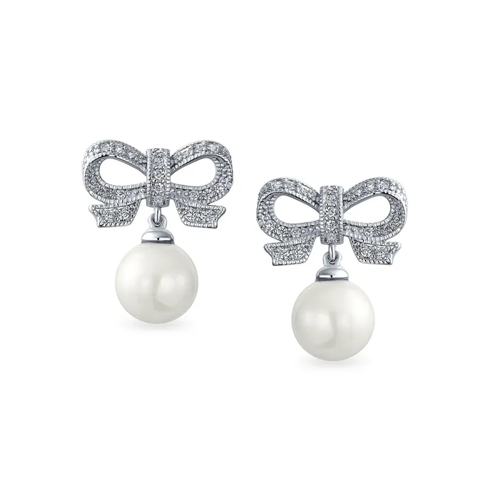 BlingJewelry Wholesale Earrings Victorian Dangle Chandelier Earrings with Ribbon CZ and Simulated Pearl Bow