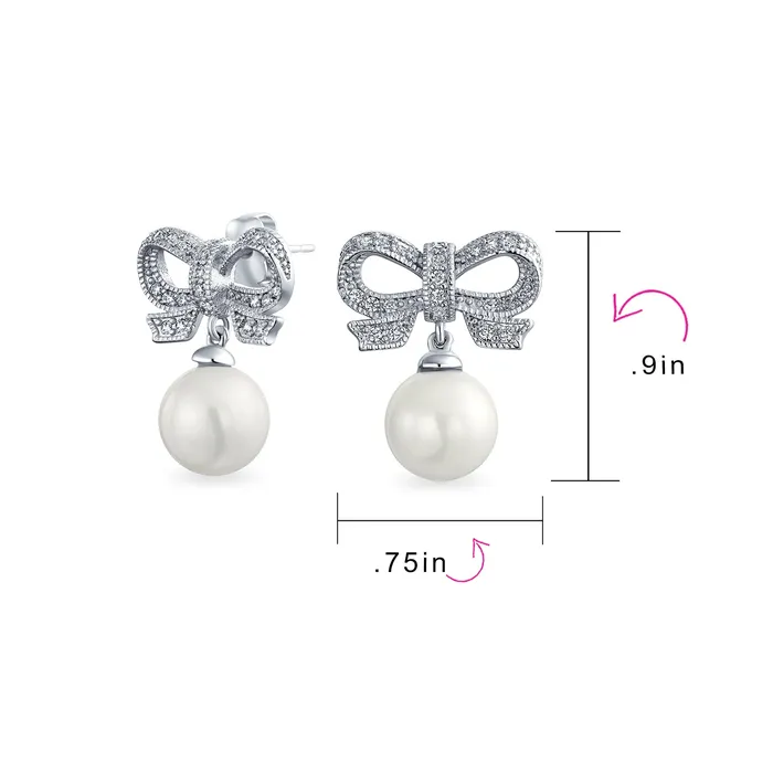 BlingJewelry Wholesale Earrings Victorian Dangle Chandelier Earrings with Ribbon CZ and Simulated Pearl Bow