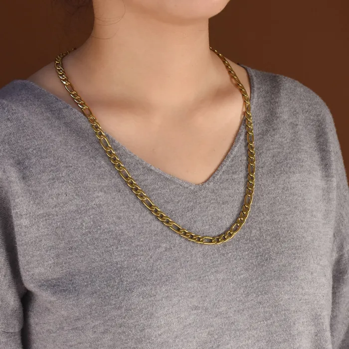 BlingJewelry Wholesale Necklaces Solid Strong Shiny Mens Figaro Chain Necklace Set Black IP Silver Gold Plated Steel