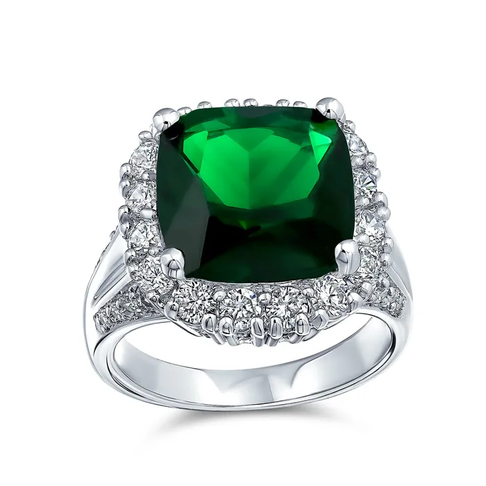 BlingJewelry Wholesale Rings 7CT Green CZ Emerald Cut Cocktail Statement Ring Silver Plated Brass