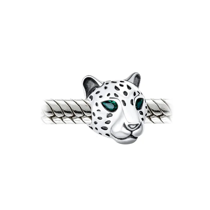 BlingJewelry Wholesale Rings Jaguar Panther Charm Bead with Green CZ Eyes in Oxidized Sterling Silver for Bracelets