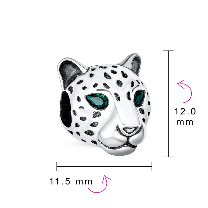 BlingJewelry Wholesale Rings Jaguar Panther Charm Bead with Green CZ Eyes in Oxidized Sterling Silver for Bracelets