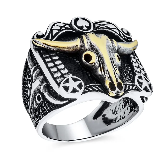 BlingJewelry Wholesale Rings Mens Silver Ring with Brown Tiger Eye Black Onyx Gemstone Western Longhorn Design BlingJewelry Wholesale Rings Mens Silver Ring with Brown Tiger Eye Black Onyx Gemstone Western Longhorn Design