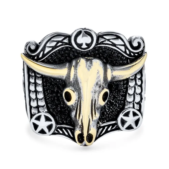BlingJewelry Wholesale Rings Mens Silver Ring with Brown Tiger Eye Black Onyx Gemstone Western Longhorn Design BlingJewelry Wholesale Rings Mens Silver Ring with Brown Tiger Eye Black Onyx Gemstone Western Longhorn Design