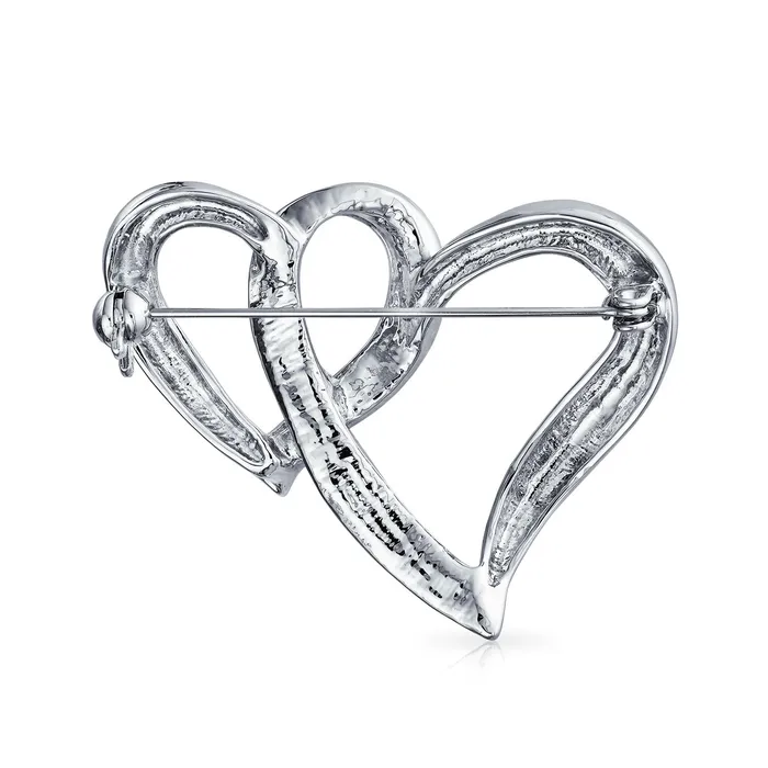BlingJewelry Wholesale Rings Romantic Wedding Crystal Bridal Brooch Pin Double Heart Silver Statement