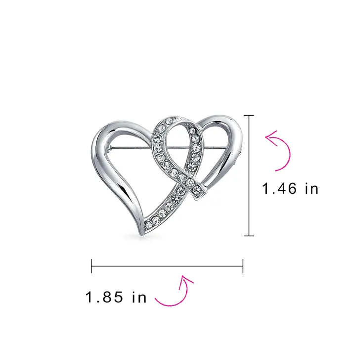 BlingJewelry Wholesale Rings Romantic Wedding Crystal Bridal Brooch Pin Double Heart Silver Statement