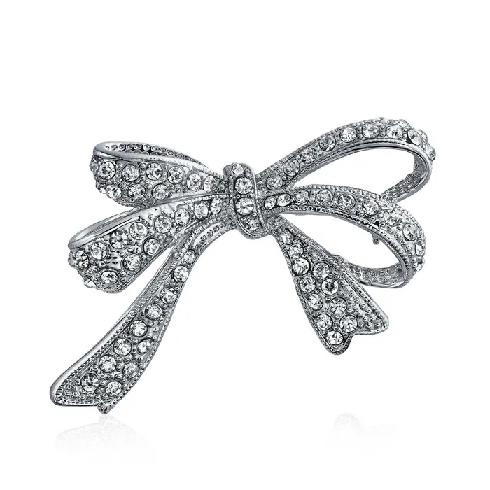 BlingJewelry Wholesale Rings Winter Wedding White Crystal Bridal Statement Ribbon Bow Brooche Pin Silver Plated BlingJewelry Wholesale Rings Winter Wedding White Crystal Bridal Statement Ribbon Bow Brooche Pin Silver Plated