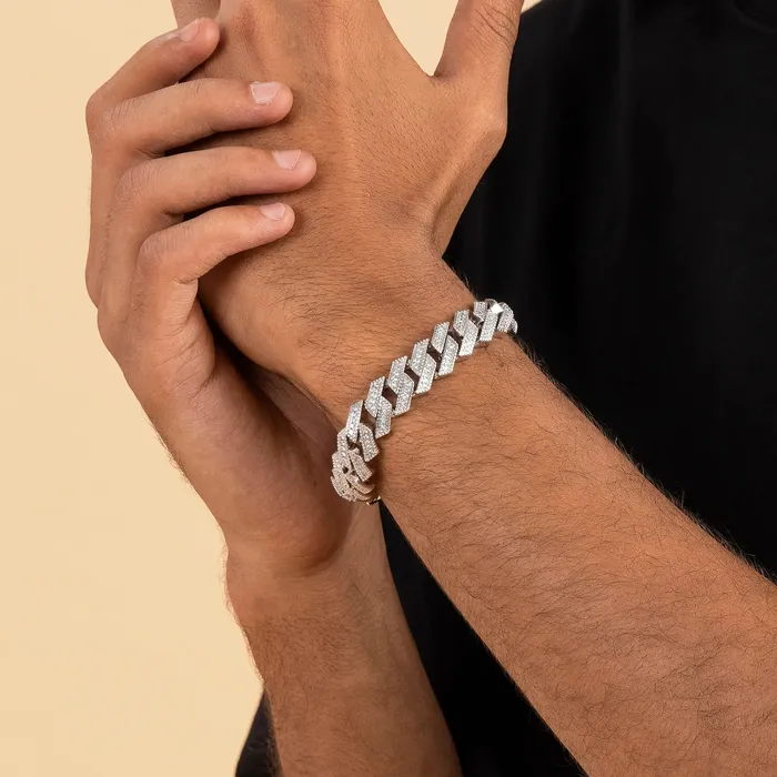 Bracelets aporro White Gold Emerald Cut Prong Cuban Link Bracelet 12mm