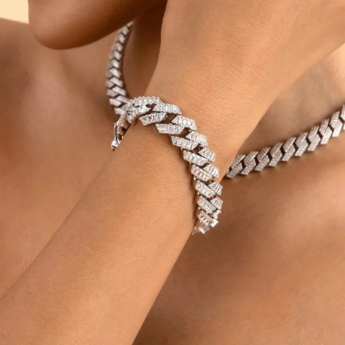 Bracelets aporro White Gold Emerald Cut Prong Cuban Link Bracelet 12mm