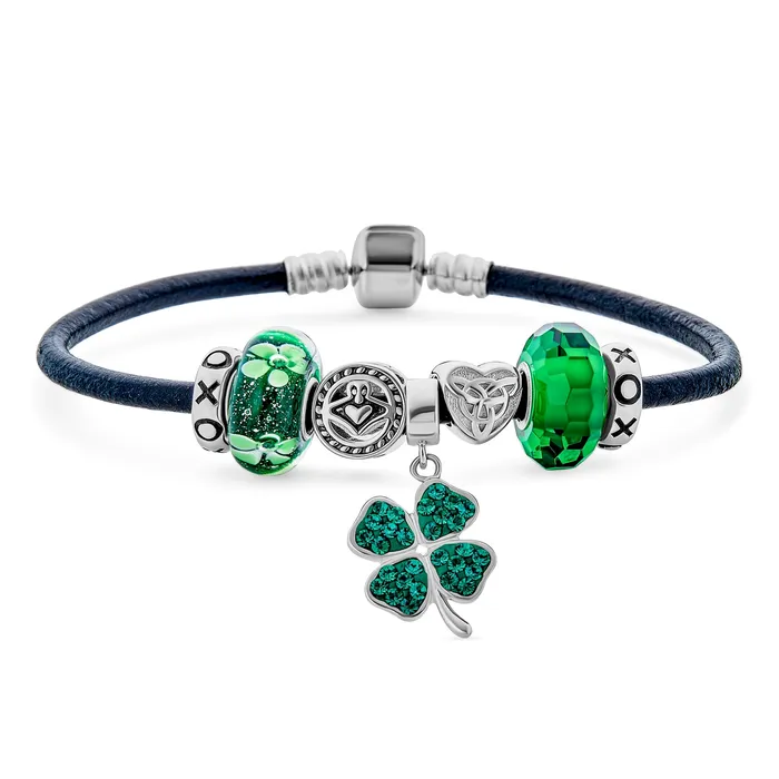 Bracelets BlingJewelry Wholesale Celtic Clover Charm Bracelet with Irish Knot and Claddagh Bead on Leather 75 Inch Bracelets BlingJewelry Wholesale Celtic Clover Charm Bracelet with Irish Knot and Claddagh Bead on Leather 75 Inch