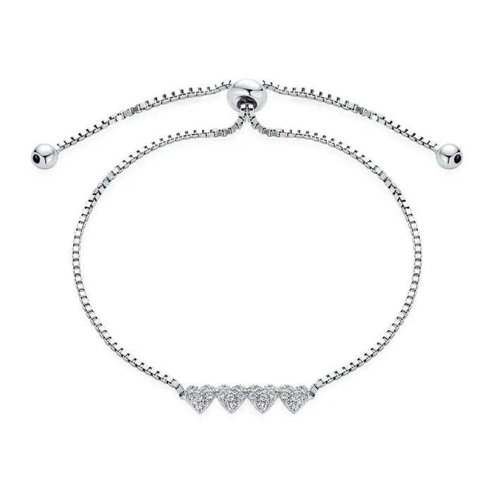 Bracelets BlingJewelry Wholesale Dainty CZ Four Hearts Bolo Bracelet with Sterling Silver Sliding Clasp Bracelets BlingJewelry Wholesale Dainty CZ Four Hearts Bolo Bracelet with Sterling Silver Sliding Clasp