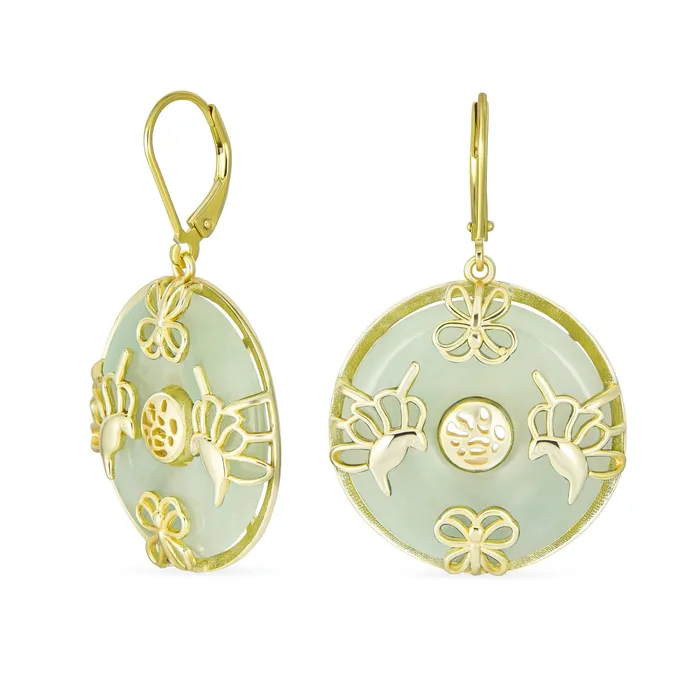 Earrings BlingJewelry Wholesale Asian Style Dangle Gemstone Earrings with Green Jade Butterfly and 14K Gold