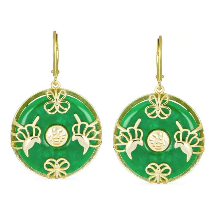 Earrings BlingJewelry Wholesale Asian Style Dangle Gemstone Earrings with Green Jade Butterfly and 14K Gold
