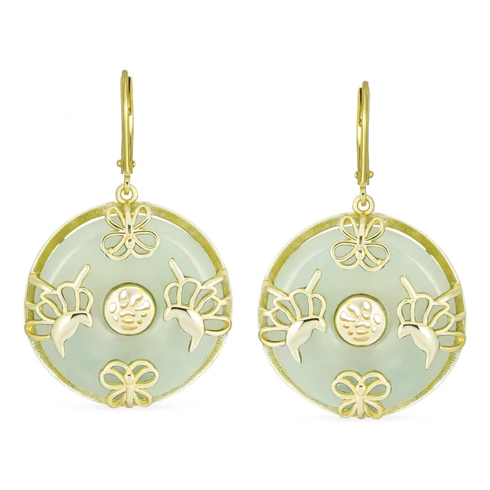 Earrings BlingJewelry Wholesale Asian Style Dangle Gemstone Earrings with Green Jade Butterfly and 14K Gold