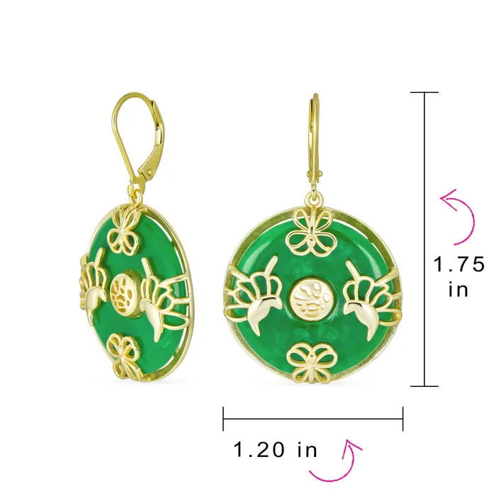 Earrings BlingJewelry Wholesale Asian Style Dangle Gemstone Earrings with Green Jade Butterfly and 14K Gold
