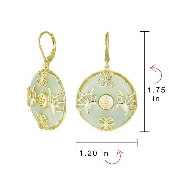 Earrings BlingJewelry Wholesale Asian Style Dangle Gemstone Earrings with Green Jade Butterfly and 14K Gold