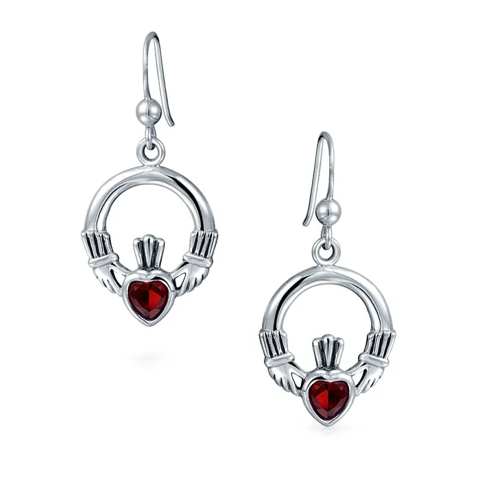 Earrings BlingJewelry Wholesale Friendship BFF Green Emerald Red Garnet CZ Heart Claddagh Dangle Chandelier Earrings