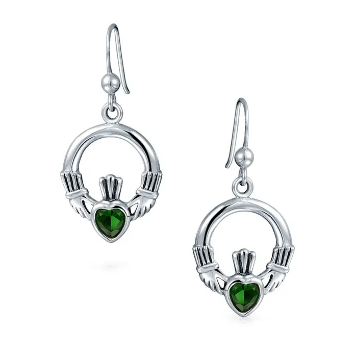 Earrings BlingJewelry Wholesale Friendship BFF Green Emerald Red Garnet CZ Heart Claddagh Dangle Chandelier Earrings