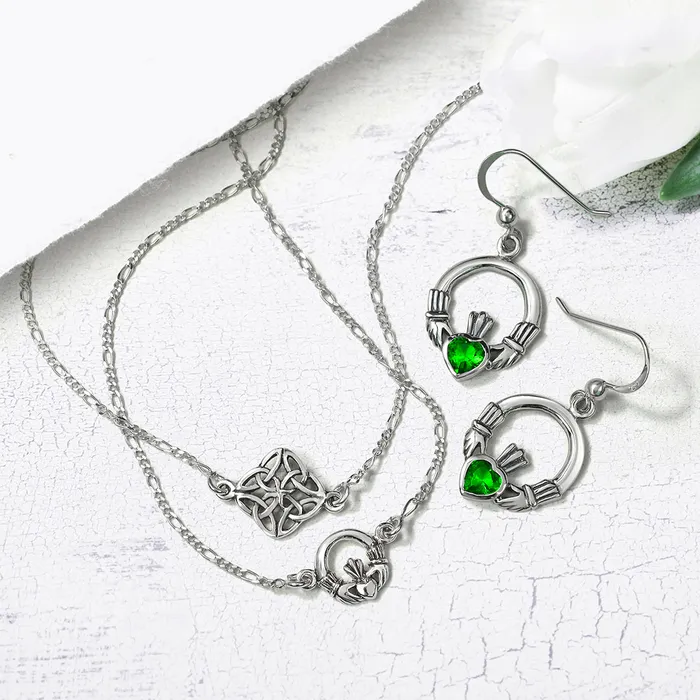 Earrings BlingJewelry Wholesale Friendship BFF Green Emerald Red Garnet CZ Heart Claddagh Dangle Chandelier Earrings
