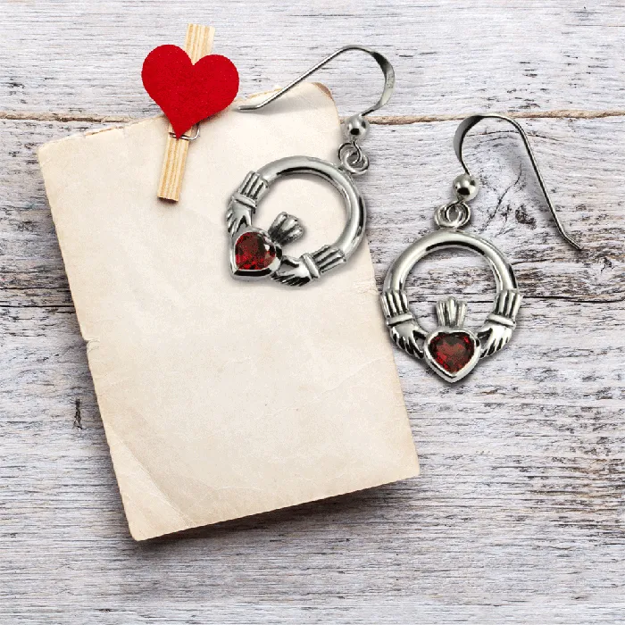 Earrings BlingJewelry Wholesale Friendship BFF Green Emerald Red Garnet CZ Heart Claddagh Dangle Chandelier Earrings