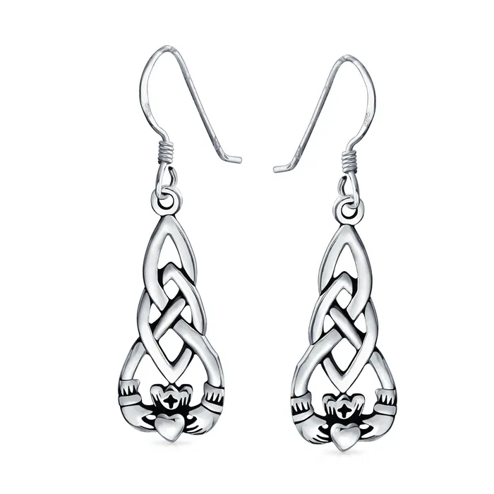 Earrings BlingJewelry Wholesale Friendship BFF Heart Celtic Claddagh Dangle Earrings in Oxidized Sterling Silver