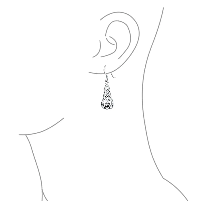 Earrings BlingJewelry Wholesale Friendship BFF Heart Celtic Claddagh Dangle Earrings in Oxidized Sterling Silver