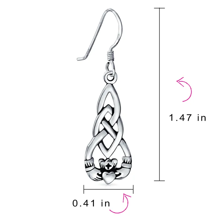 Earrings BlingJewelry Wholesale Friendship BFF Heart Celtic Claddagh Dangle Earrings in Oxidized Sterling Silver
