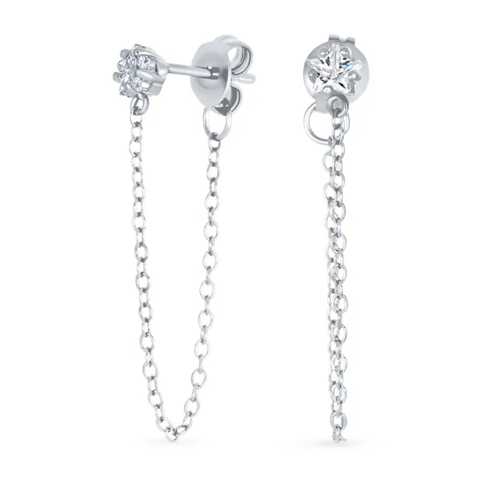 Earrings BlingJewelry Wholesale Minimalist 4MM Star CZ Stud Earrings with Delicate Chain in 14K Gold or Silver Earrings BlingJewelry Wholesale Minimalist 4MM Star CZ Stud Earrings with Delicate Chain in 14K Gold or Silver