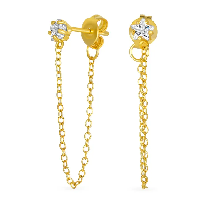 Earrings BlingJewelry Wholesale Minimalist 4MM Star CZ Stud Earrings with Delicate Chain in 14K Gold or Silver Earrings BlingJewelry Wholesale Minimalist 4MM Star CZ Stud Earrings with Delicate Chain in 14K Gold or Silver