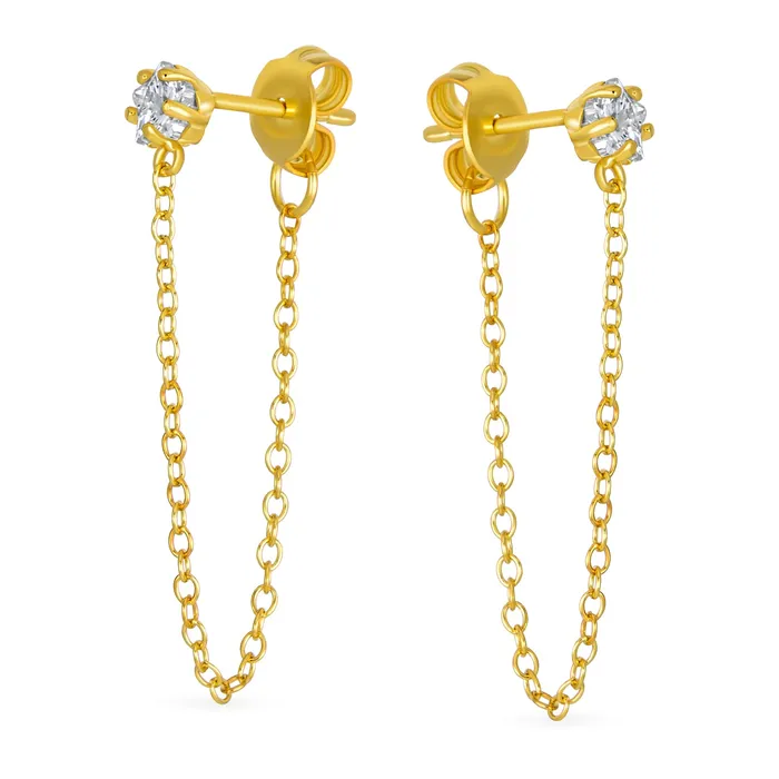 Earrings BlingJewelry Wholesale Minimalist 4MM Star CZ Stud Earrings with Delicate Chain in 14K Gold or Silver Earrings BlingJewelry Wholesale Minimalist 4MM Star CZ Stud Earrings with Delicate Chain in 14K Gold or Silver