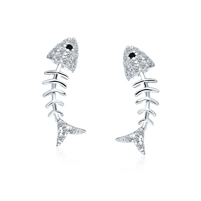 Earrings BlingJewelry Wholesale Nautical Beach Vacation CZ Stud Earrings Fishbone Design in Sterling Silver